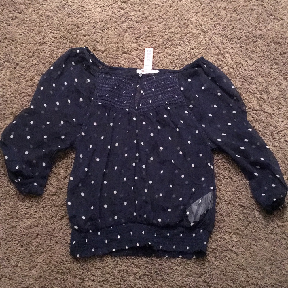 Abercrombie Sheer Navy Top w White Polka Dots. S